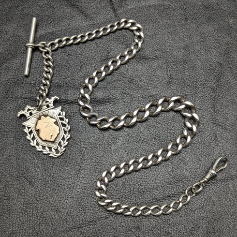 Around 1887 British Antique Sterling Silver Albert Chain 49g Sterling Silver Medal Fob